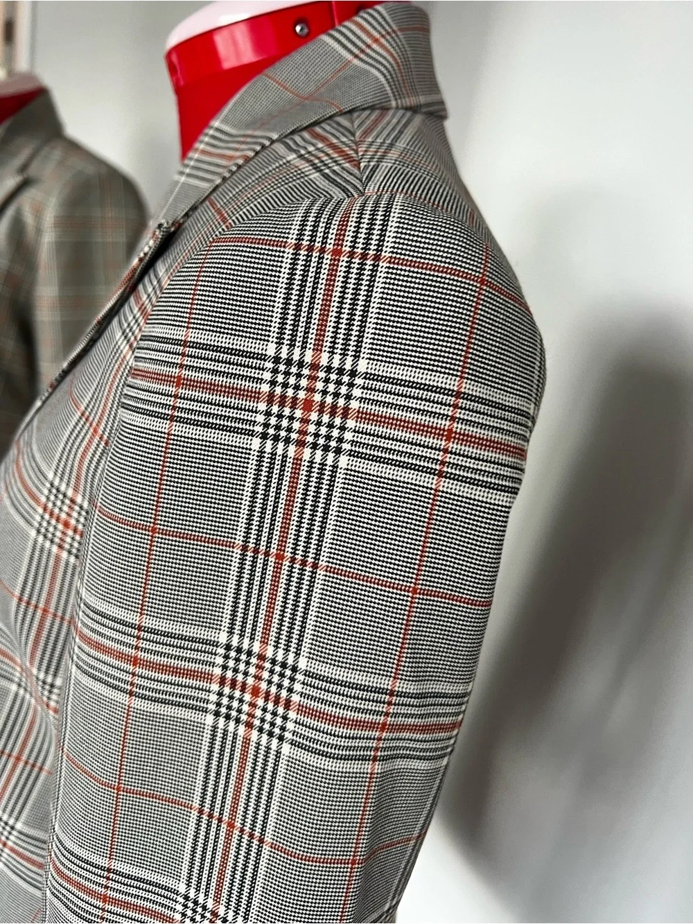 J. Crew Double-Breasted Plaid Blazer in Grey with Red Accents
